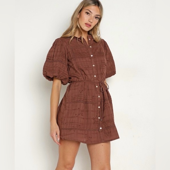 Saint Helena Rose Mini Dress Rose Clay Brown Eyelet 100% Cotton Size Small - Picture 1 of 13